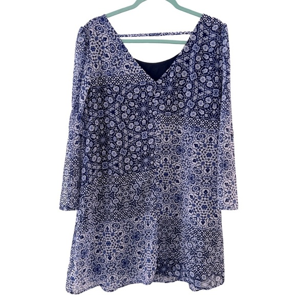 SPEECHLESS • Blue Geometric Floral Print Sheer Long Sleeve Dress - Picture 4 of 9